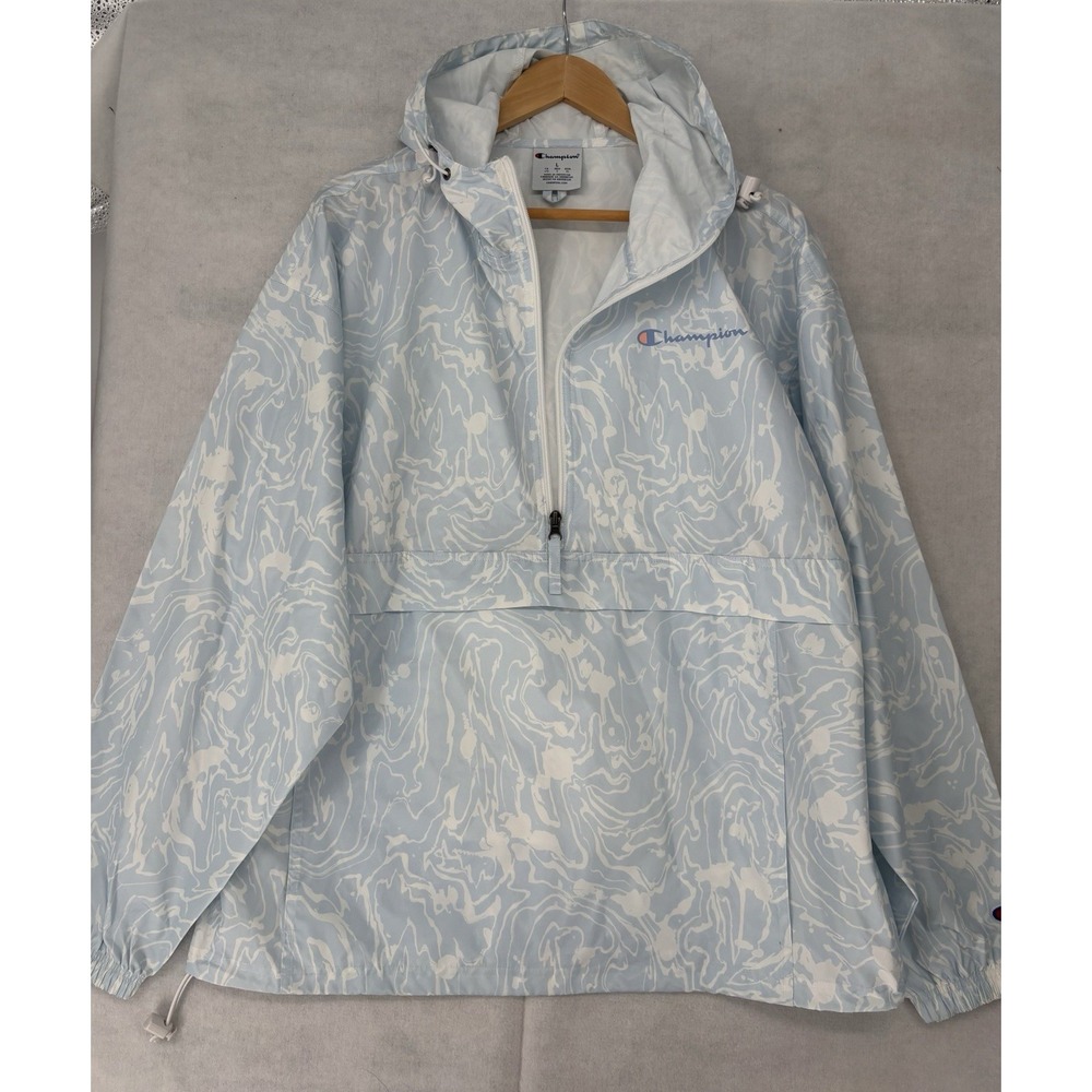 Champion Womens Packable Half-Zip Windbreaker Lt Blue/Wht Marble Hooded